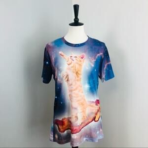 Galaxy Cat Riding Bacon T Shirt Medium